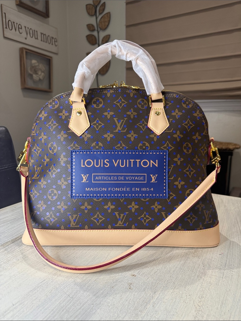 Source Unknown Brown LV Alma Monogram Satchel with Blue Logo Panel and Cream